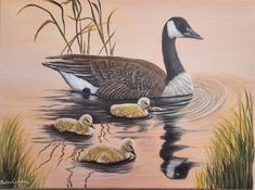 a painting of a mother duck with her three babies