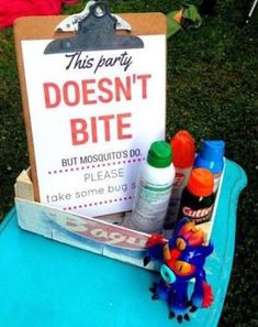 a sign sitting on top of a blue chair