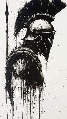 a black and white drawing of a spartan helmet with a spear in it's mouth