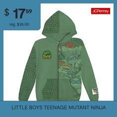 Give him a protective, comfy shell like his favorite team of brothers, The Teenage Mutant Ninja Turtles, when wearing this little and big boy's graphic hoodie. Cut for an oversized fit from soft cotton-fleece, it has drop shoulders, long sleeves, side slip pockets, and a zip front.Character: Teenage Mutant Ninja TurtlesClosure Type: ZipperFit: Regular FitNeckline: Hooded NeckPockets: 2 Side Slip PocketsSleeve Length: Long SleeveSleeve Style: Cuffed SleeveFiber Content: 60% Cotton, 40% Polyester… Ninja Turtle Clothes, Boys Teenage, Ninja Turtle Shirts, Tmnt Birthday Shirt 7, Ninja Turtle Shirt, Rise Of The Teenage Mutant Ninja Turtles Hoodie, Hoodie Green, Teenage Boys, Zipper Hoodie