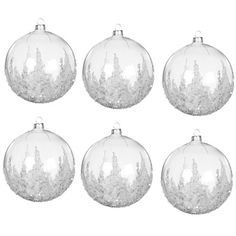 six clear glass ornaments with silver glitter on them