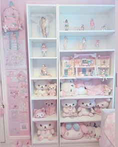 there are many stuffed animals on the shelves in this doll house display case that is pink and white