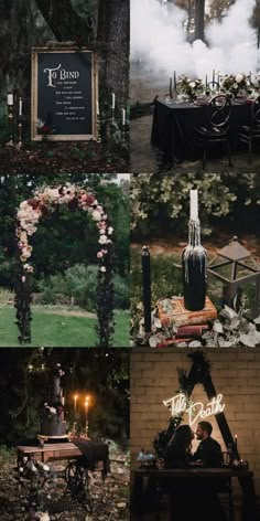 a collage of photos with candles, flowers and signs in the middle of them