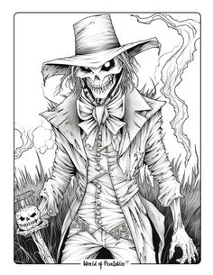 a drawing of a skeleton wearing a hat and holding a knife in his hand with a skull