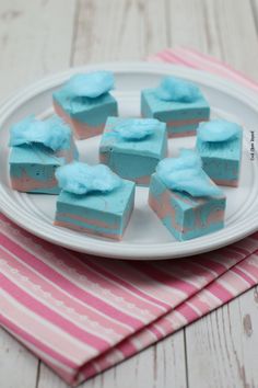 small pieces of blue cake on a white plate