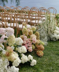 rows of chairs with flowers in the grass