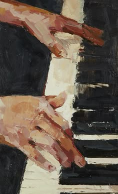 a painting of someone playing the piano with their hands on it's keyboard,