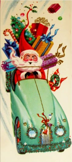 an old fashioned christmas card with santa in the car