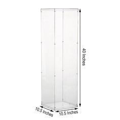 a tall clear glass display case with measurements for the height and width of each piece