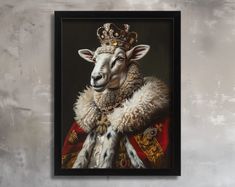 a painting of a sheep with a crown on it's head is hanging up against a wall