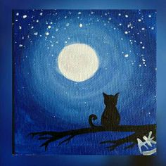 a painting of a cat sitting on a tree branch at night