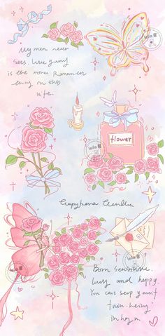 a drawing of flowers and butterflies on a pink watercolor background with words written in english