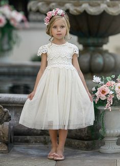 Luciana Cap Sleeve Lace Flower Girl Dress Ivory – Think Pink Bows Ivory Flower Girl Dresses, Tulle Flowers, Flower Girl Dress Lace, Pink Bows, Flower Girl Dresses Tulle, Wedding Flower Girl