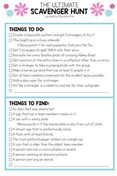 a printable scavenger hunt for kids with flowers on the back and blue border