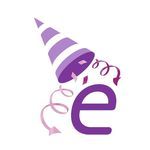 the e logo is purple and has a party hat on it's head with streamers