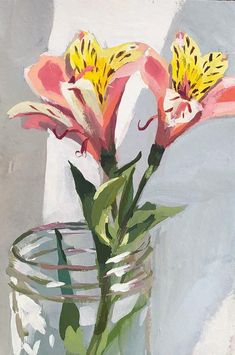 a painting of flowers in a glass jar