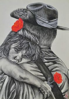 a drawing of a man holding a child with red flowers on his head and wearing a hat