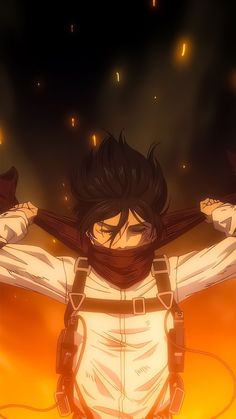 an anime character with his arms stretched out in front of the camera, wearing a white shirt and suspenders