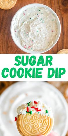 a hand holding up a cookie dip with white frosting and sprinkles