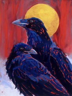 two black crows sitting on top of each other in front of a yellow and red moon