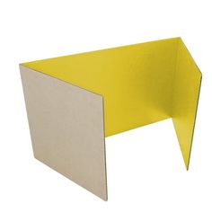 an open yellow and white desk with one corner cut out to show the back side