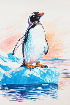 a drawing of a penguin sitting on top of an ice floet in the ocean