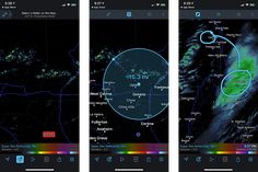 three screens showing different weather patterns on the same screen as well as an image of a map