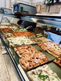 a display case filled with lots of different types of pizza