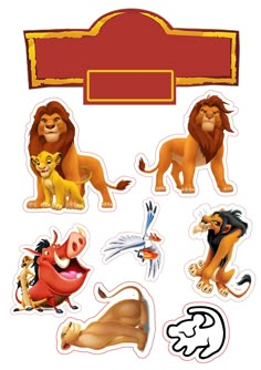 the lion king stickers are shown in various sizes and colors, including one for each character