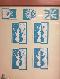 four snowmen are shown in blue and white paper cut outs on a door frame