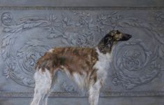 a painting of a dog standing in front of a wall