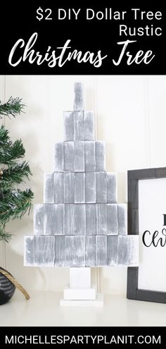 a christmas tree made out of wooden blocks with text overlay that reads $ 2 diy dollar tree rustic christmas tree