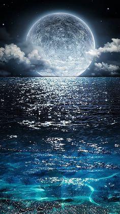 an ocean scene with the moon in the sky and water below it, as well as clouds