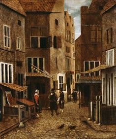 an old painting of people walking down a cobblestone street with buildings in the background