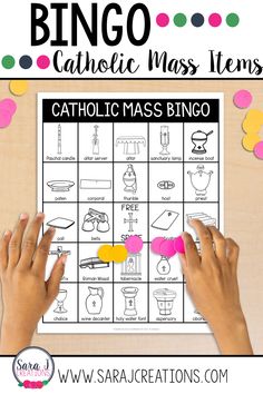 a hand holding a piece of paper next to a printable game for catholic mass items