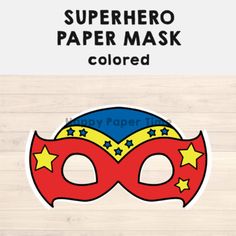 a paper mask with stars on it and the text superhero paper mask colored in white