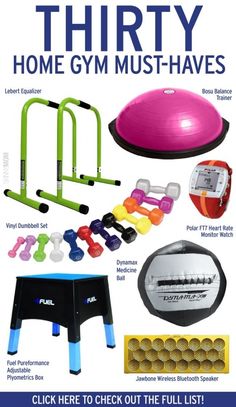 an advertisement for the home gym must haves, including balls and exercise equipment in it