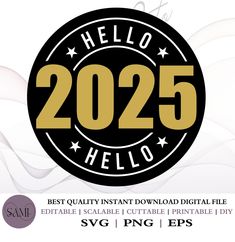 a black and gold badge with the words hello 205 on it, surrounded by swirls