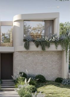 a house with plants growing on the windows