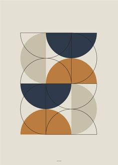 an abstract art print with circles and lines in shades of orange, blue, beige