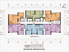 the floor plan for an apartment building with two floors and three levels, in different colors