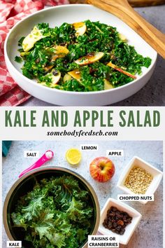 kale and apple salad in a white bowl with ingredients to make it on the side