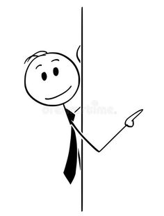 a cartoon man leaning on the wall and pointing at it with his finger royalty illustration