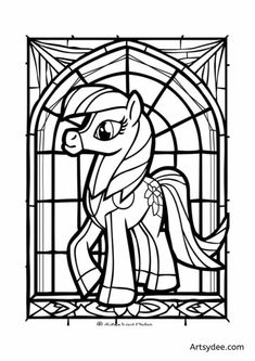 an image of a stained glass window with a pony in the center and a ribbon around it