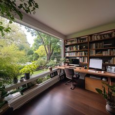 a home office with large windows overlooking the trees