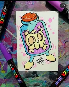 a drawing of a cartoon character in a jar