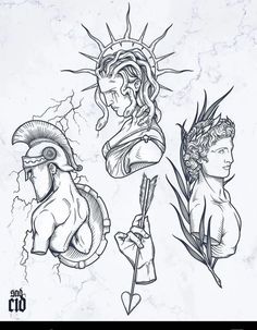 some sketches of the statue of liberty and other statues in black ink on white paper