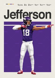 Justin Jefferson poster featuring a mid century modern design style. The high-quality print showcases a beautiful digital drawing of Justin Jefferson. Perfect for any Minnesota Vikings fan looking to add some flair to their living space. College Football Art, Nfl Wallpaper, Nfl Fantasy, Nfl Vikings, Nfl Football Pictures, Nfl Football Art