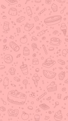 a pink wallpaper with different types of food and desserts on it's surface