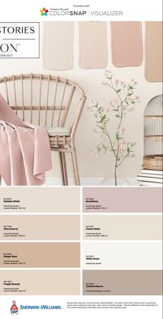 the interior color scheme is shown in shades of pink, beige and white with birdscage